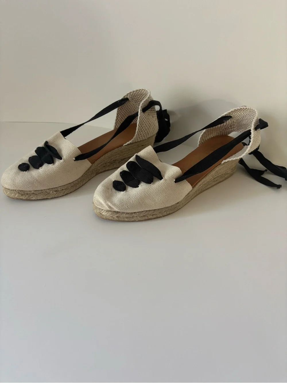 Picon Cream Espadrille Wedge Flats with Black Ribbon Detail